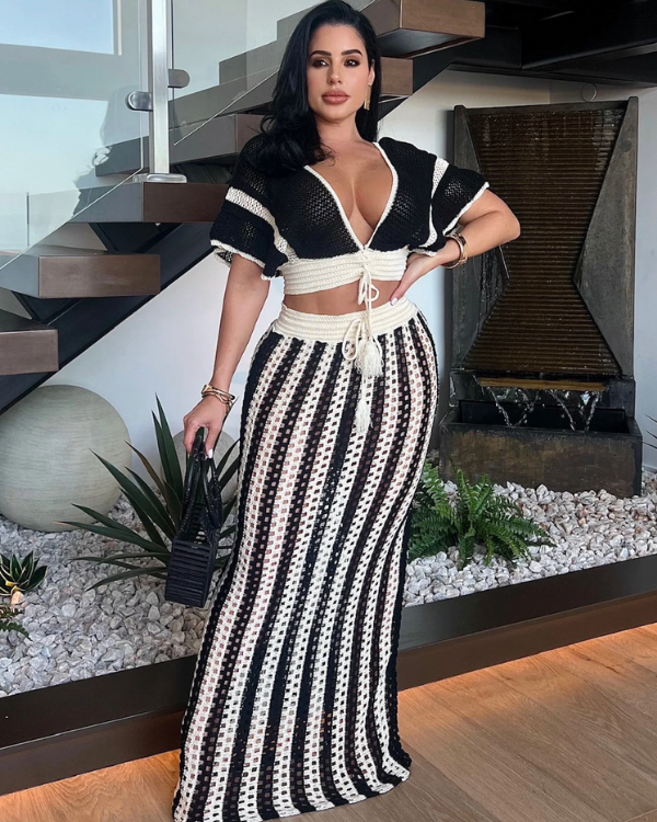 Boho Rock mit passendem Crop-Top - Häkel Zweiteiler Set gestreift 