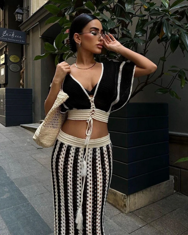Boho Rock mit passendem Crop-Top - langer Crochet Maxirock 