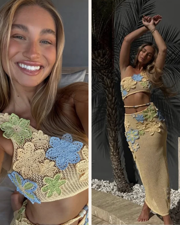 Sommerlook Häkel Set aus langem Crochet Rock und passendem Top mit Blumen Motiven 