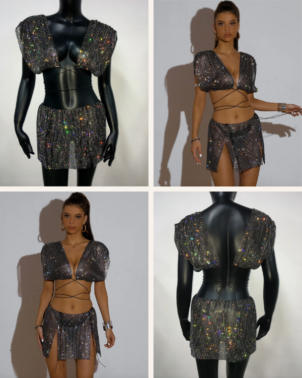 Schwarz Glitzer Look Damen | Festival Rave Outfit 
