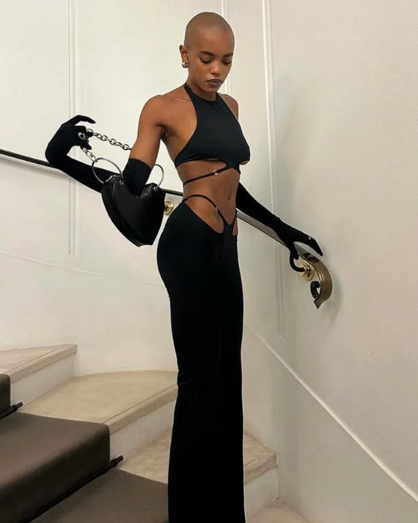 Cut-Out Party Set Damen Fashion Look | lange Hose mit String Tanga und Crop Top 