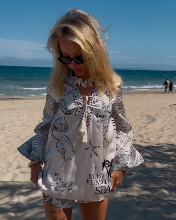 Sommer Zweiteiler Set aus langarm Bluse und passender Shorts mit Bech Meer Motiven