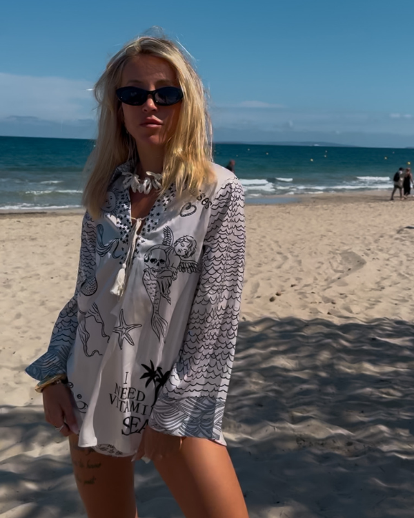 Damen Zweiteiler Set langarm Bluse "I need vitamine Sea" mit passender Shorts 