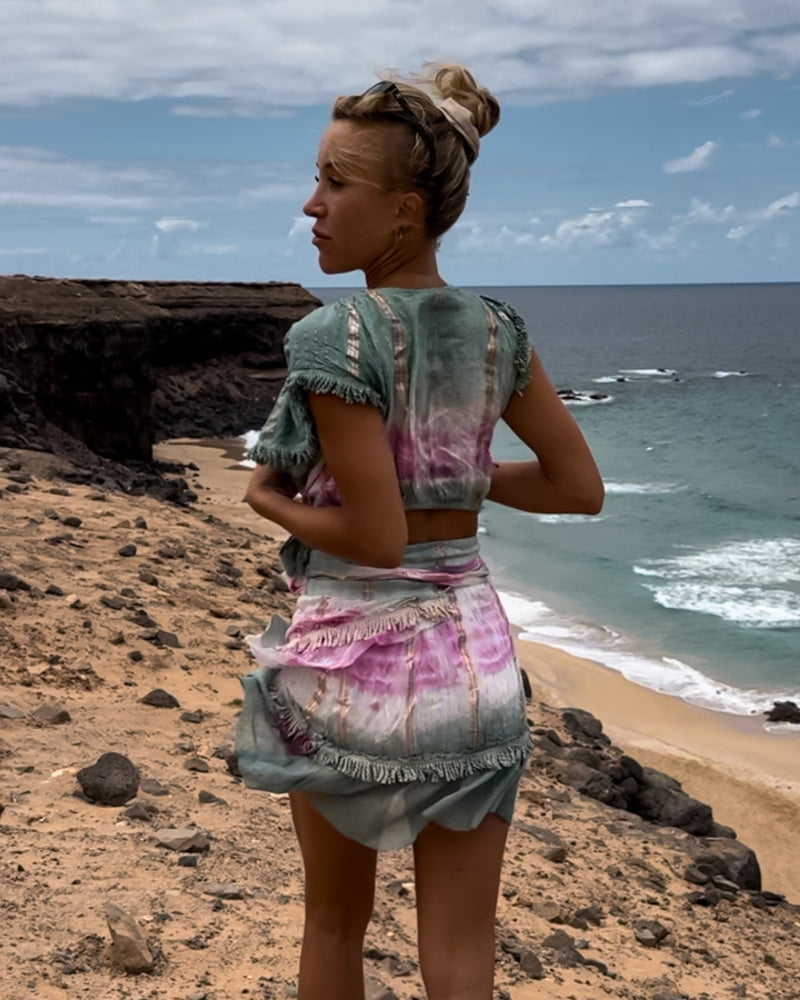 Hippie Boho Damen Bekleidung aus Rock und Top im Set - Farbiges Set mit Batik Details 