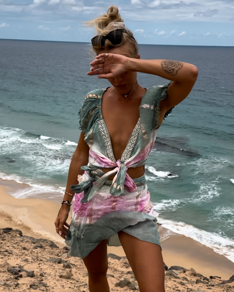 Hippie Boho Chic Zweier Set aus Rock in grün-pink-weiss Batik gemischt 