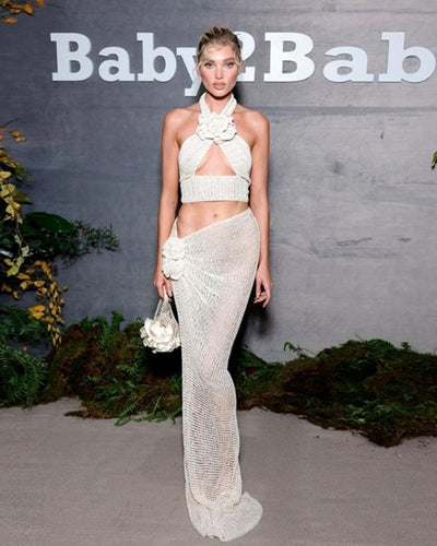 Verträumtes Boho-Chic Set in Creme-Farbe - 3D Blumen Set aus Rock und Crop Top