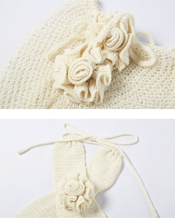 Creme Weisses Crop Top Häkel Strick mit Blumen Symbol