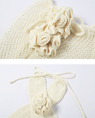 Creme Weisses Crop Top Häkel Strick mit Blumen Symbol