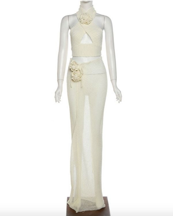 Damen Zweiteiler Set aus Crop Top mit 3D Blume und passendem langem Rock mit Schlitz 