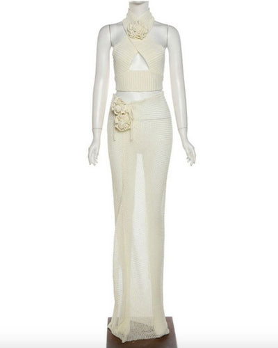 Damen Zweiteiler Set aus Crop Top mit 3D Blume und passendem langem Rock mit Schlitz 
