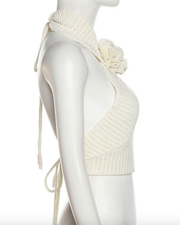 Rückenfreies Häkel Crop Top mit 3D Blumen Rose Symbol 