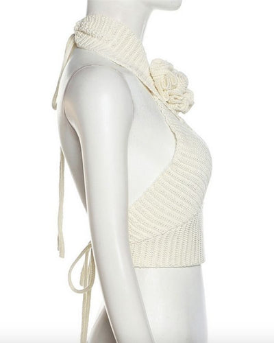 Rückenfreies Häkel Crop Top mit 3D Blumen Rose Symbol 
