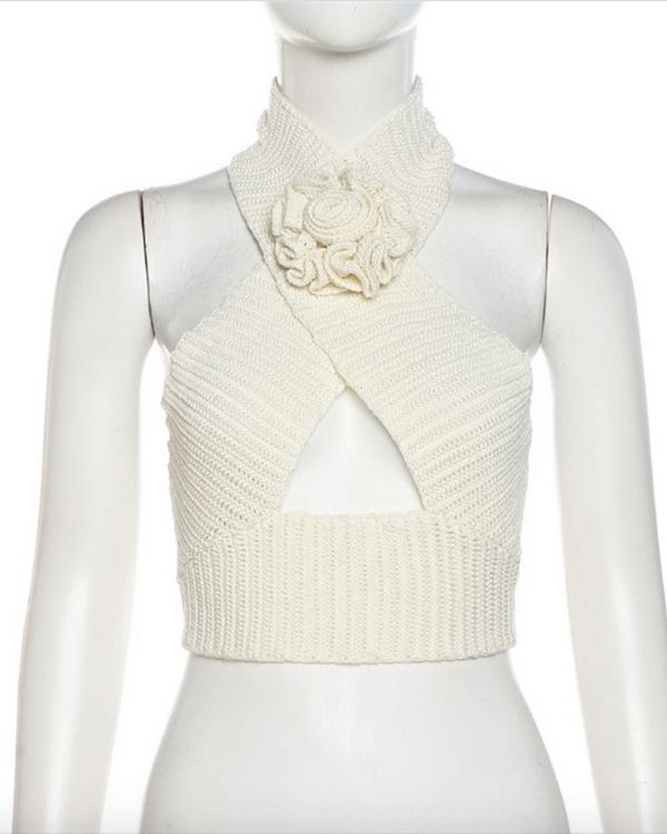 Häkel Cochet Crop Top mit 3D Blumen Rosen Symbol 