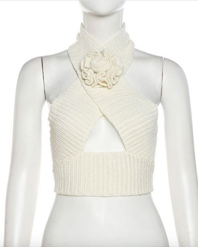 Häkel Cochet Crop Top mit 3D Blumen Rosen Symbol 