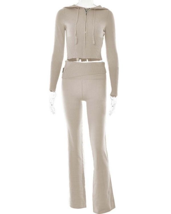 Beiges Damen Set aus langer Strick Knitted Hose und Crop Hoodie Strickjacke - Damen Loungewear Set online bestellen