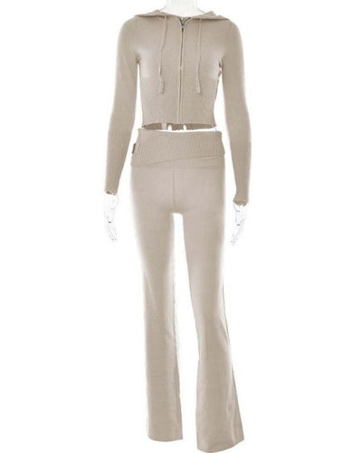 Beiges Damen Set aus langer Strick Knitted Hose und Crop Hoodie Strickjacke - Damen Loungewear Set online bestellen