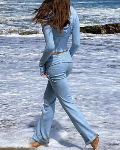 hellblaues Strickset mit langer Hose und Hoodie Cardigan Strickjacke 
