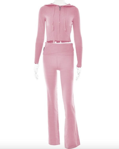 Rosa Set aus langer Strickhose und passendem Hoodie Strickjacke mit Reissverschluss 