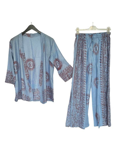 Hochwertiges Zweierset aus langer lockerer Hose und Blusen Kimono