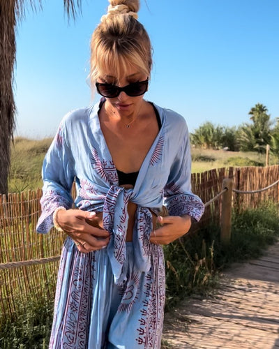 Blaues Om Set aus Hose und Kimono Bluse - Indische Boho Yoga Kleidung 