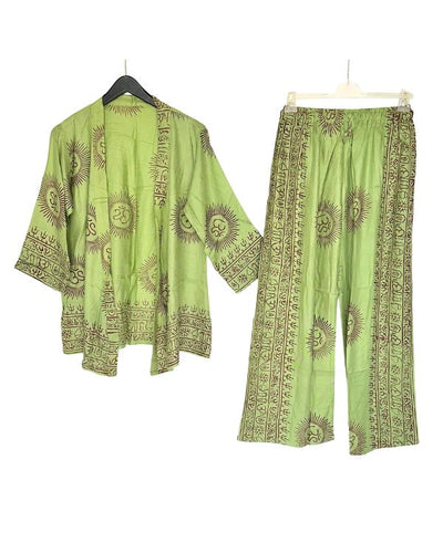 Hochwertiges Rayon Zweiteiler Set aus langer Hose und Kimono Bluse mit Om Zeichen 
