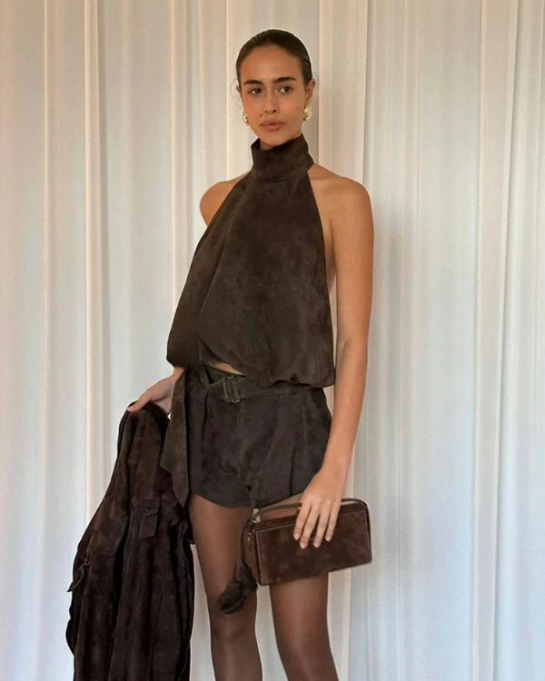 Fashion Set Boho Wildleder Style | Neckholder Backless Top mit passender Shorts 