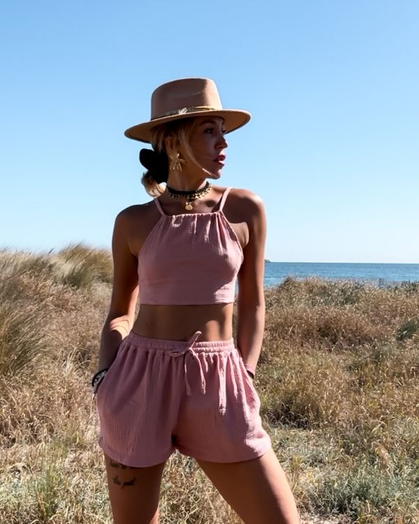 Altrosa Baumwolle Gauze Cotton Damen Set aus Shorts und Crop Top