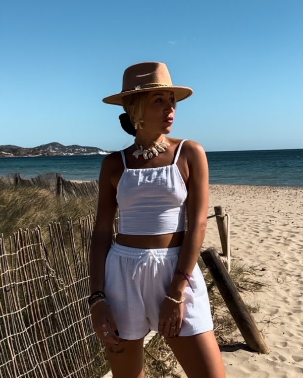 Baumwolle Zweiteiler Set Damen aus Shorts und Crop Top zum binden auf der Rückseite 