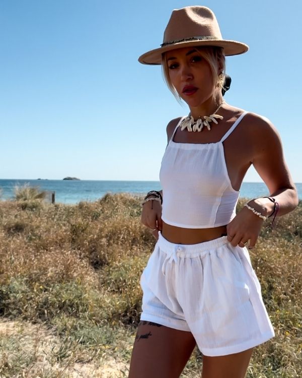 weisses Baumwolle Zweiteiler Set aus Gauze Cotton - Shorts und Crop Top zum binden