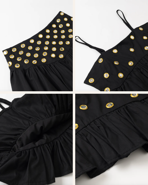 schwarzes Boho Festival Outfits aus Rock und Top mit goldenen Details 