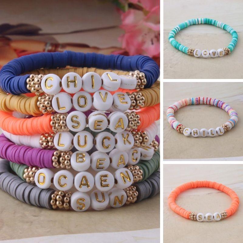 Soft Clay Farbiges Armband Set mit Buchstaben Love, Chill, Sea, Luck und so weiter