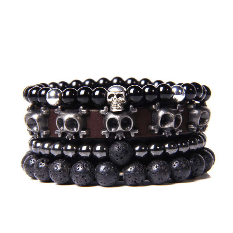 Totenkopf Herren Armband Set aus Lava und Onyx Gestein Perlen günstig online kaufen