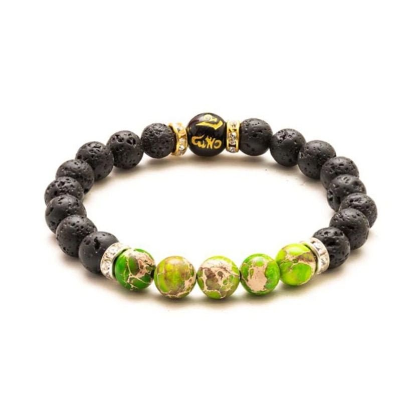 Naturstein Armband mit gruenen Steinen und Vulkansteinen Perlen. Perlen Unisex Armband. 