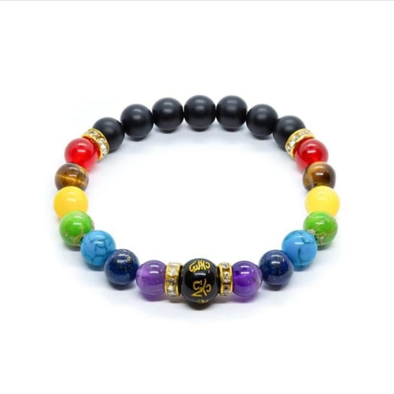 Schwarze glatte Naturstein Perlen und farbige Chakra Perlen - Unisex Chakra Energy Armband