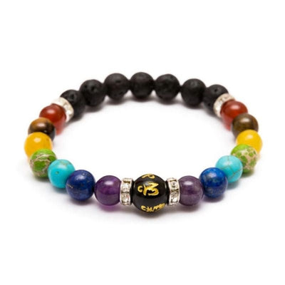 Schwarzer Vulkanstein und farbige Natursteine in Chakra Farben - Perlenarmband mit spiritueller Energie 