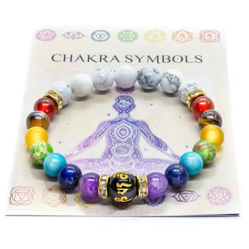 Weisse Naturstein Perlen gemischt mit farbigen Chakra Naturstein Perlen Armband Modeschmuck
