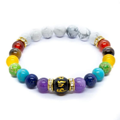 Weisse Naturstein Perlen gemischt mit farbigen Chakra Perlen - Elastisches Unisex Armband Modeschmuck online kaufen