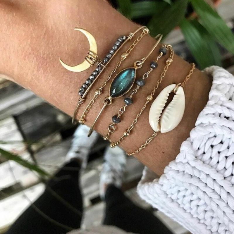 Boho Hippie Style Modeschmuck Armketten Set mit Stein, Mond und Muschel Anhangern - Just Style Schmuck kaufen