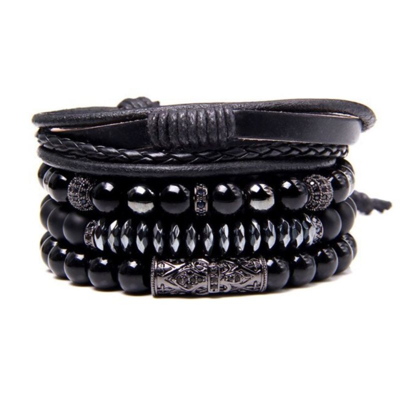 Schwarzes Herren Armband Set aus 4 diversen Armbandern - Onyx Steinperlen und Kunstleder Band fuer stillvolle Herren 