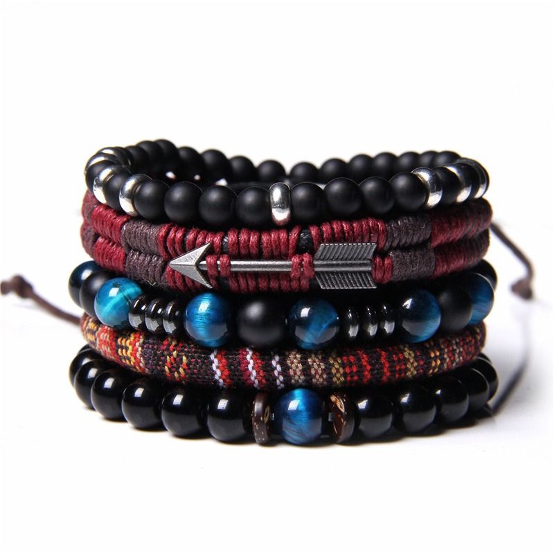 Herren Armband Set aus 6 diversen Armbaendern aus Onyx Perlen und geflochtenem Kunstlederband mit Pfeil Symbol