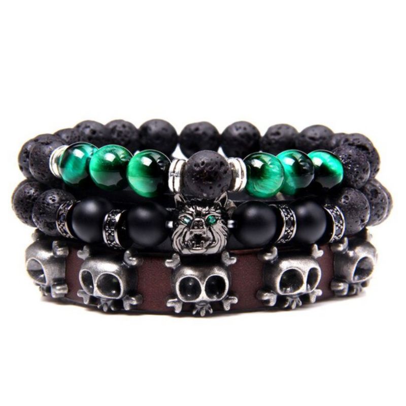 Herren Armband Set mit Vulkanstein und Onyx Perlen und passendem Kunstlederband mit Totenkoepfen 