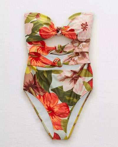 Eleganter Vintage Style Damen Badeanzug Badekleid Floral Hibiskus Blumen rot und gruen