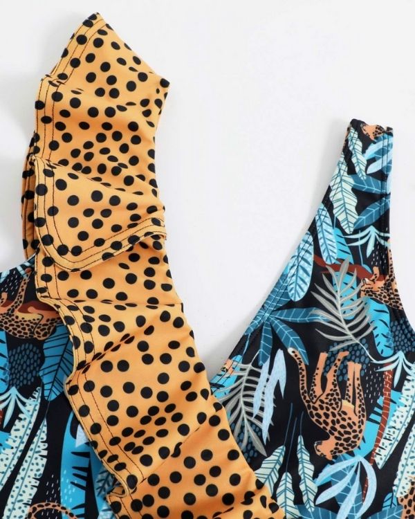 Badeanzug Damen mit Ruffle Aermel im Leopard Print - Badekleid im Safari Style in blau Toenen 