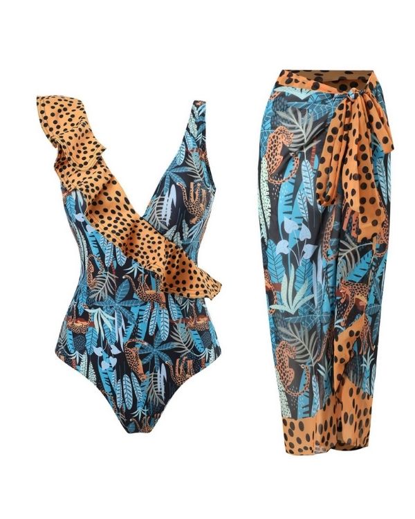 Blauer Badeanzug mit Leopard- und Pflanzen-Print und rüschenverziertem Ärmel - passender langer Pareo dazu