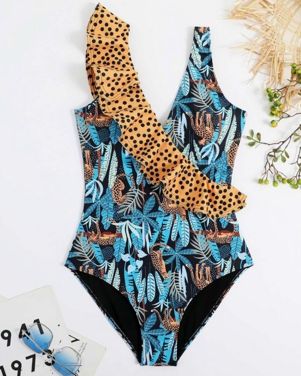 Blauer Badeanzug mit Leopard- und Pflanzen-Print und rüschenverziertem Ärmel