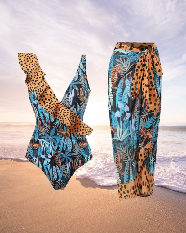 Elegantes und modisches Damen Badeanzug Set aus Badekleid und Pareo in blau braun gemischt 
