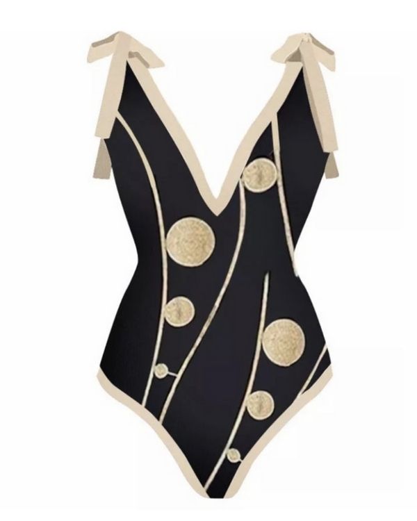 Elegantes Damen Badeanzug mit goldenen Kreisen und Rand in beige 
