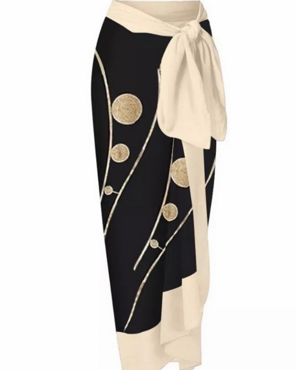 Langer Pareo Wickelrock in schwarz mit goldenen Kreisen - Eleganter Pareo Strandrock 