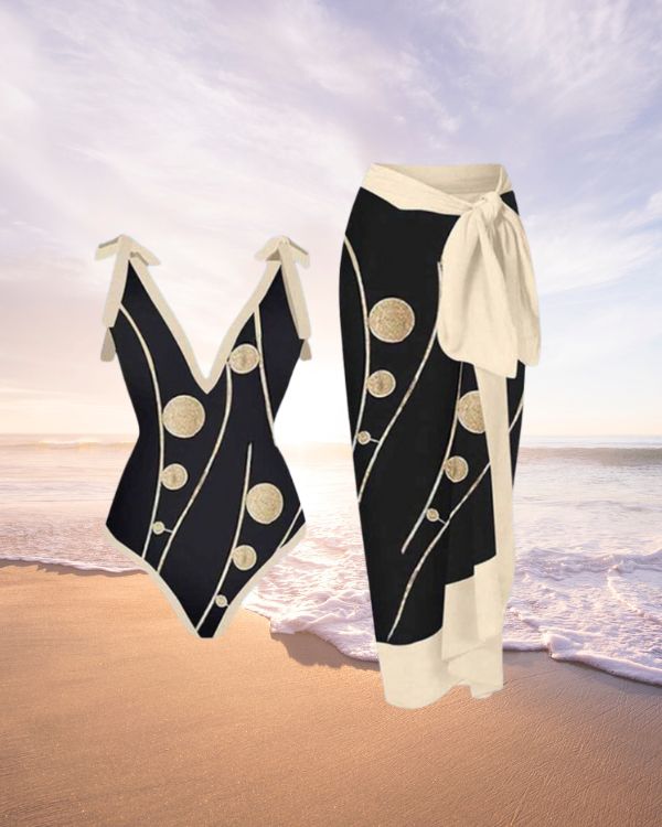 Badeanzug mit Pareo Wickelrock in schwarz mit creme-weissem Rand und goldenen Kreisen Dots