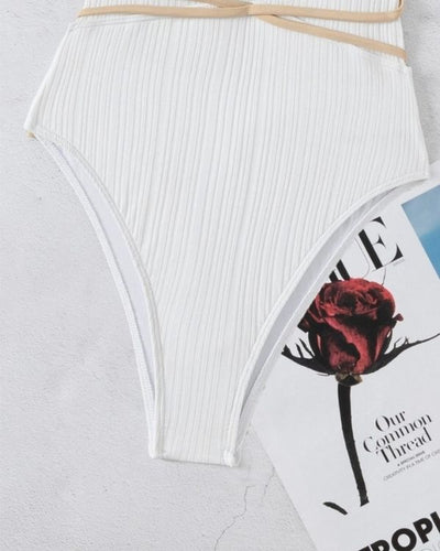 Weisser gerippter Damen Badeanzug Badekleid mit beiger Schnurr - Eleganter und sexy Damen Badeanzug Badekleid Bademode 